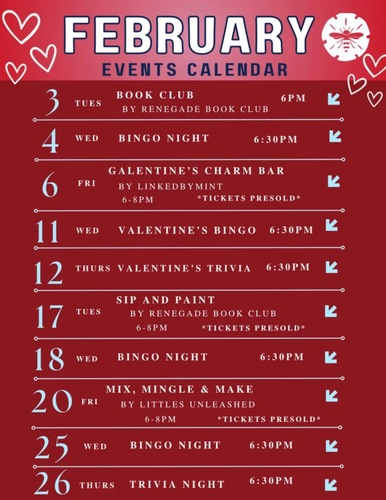 Monthly events calendar at Beach Bee Meadery featuring tastings, live music, and special events in New Jersey