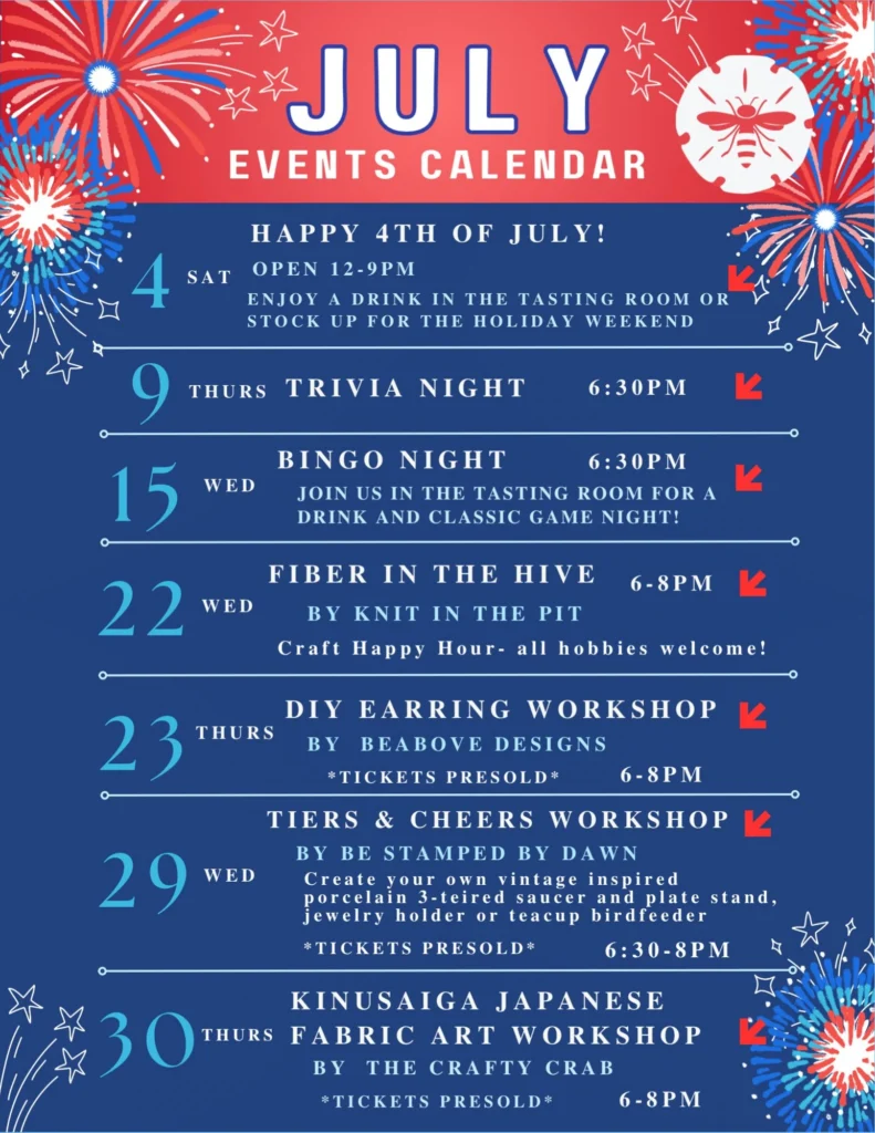 Beach Bee Meadery events calendar featuring bingo night, trivia, pasta workshop, Springfest, charm bar workshop, and beer run in Long Branch, New Jersey