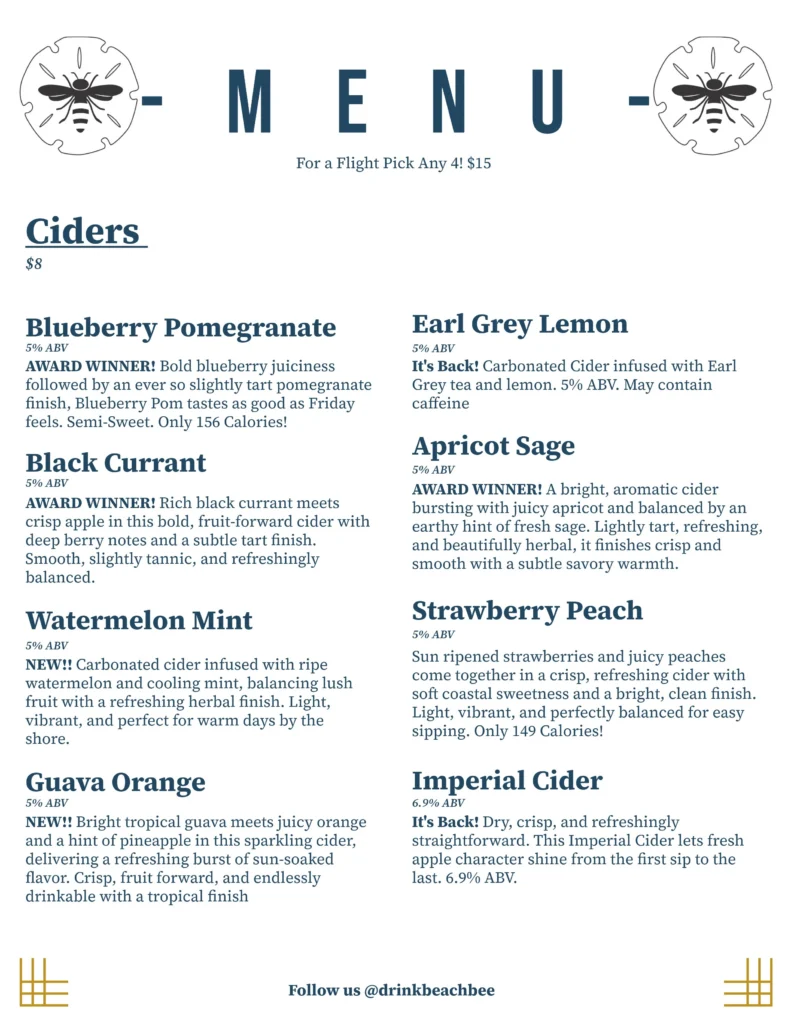 Beach Bee Meadery tasting room menu featuring mead flights, craft cider pours, and small plates