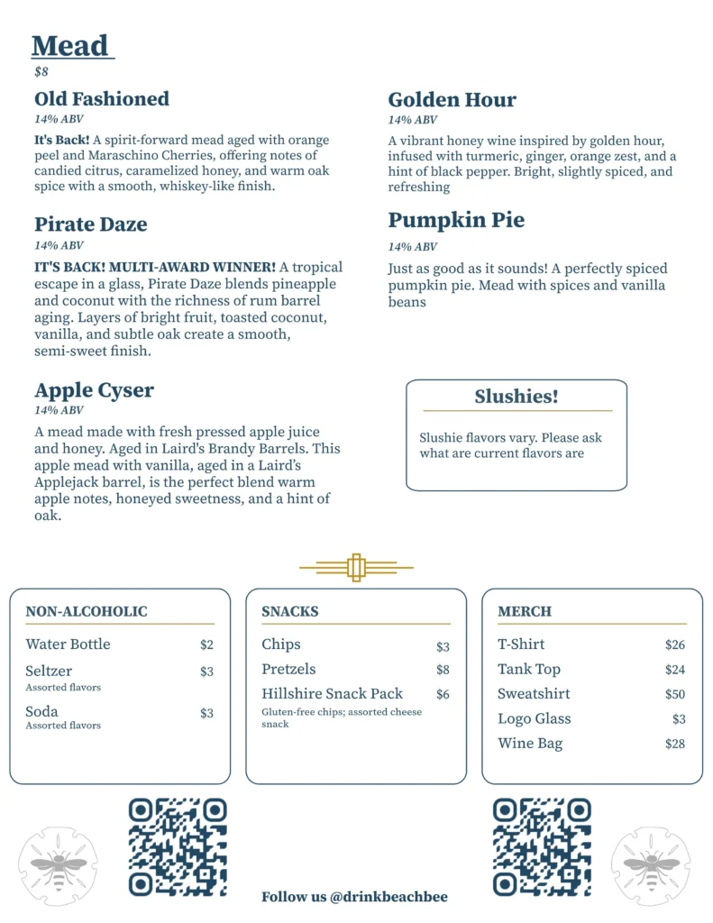 Beach Bee Meadery tasting room menu featuring mead flights, craft cider pours, and small plates