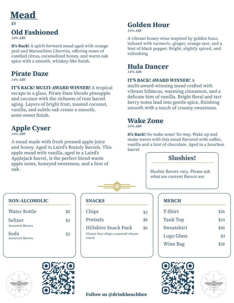 Beach Bee Meadery tasting room menu featuring current small-batch meads, hard ciders, tasting flights and seasonal pours in Long Branch, NJ.