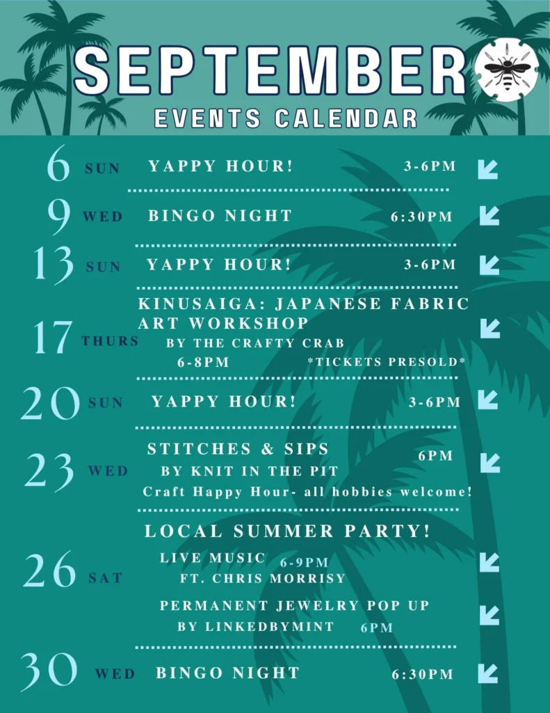 Beach Bee Meadery events calendar featuring bingo night, trivia, pasta workshop, Springfest, charm bar workshop, and beer run in Long Branch, New Jersey