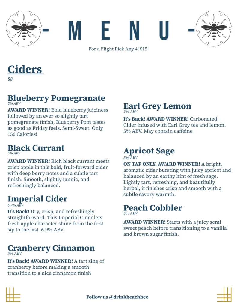 Hard Cider & Mead Tasting Room Menu | Beach Bee